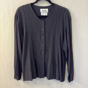 FLAX Black Grid Textured Button Down Blouse Lagenlook Top Sz S